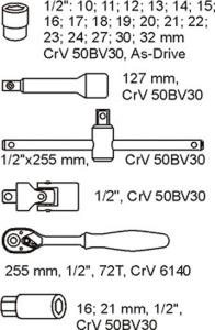 YATO Hylsysarja 1/2" 10-32mm, 24-os,työkaluvaunuun 2