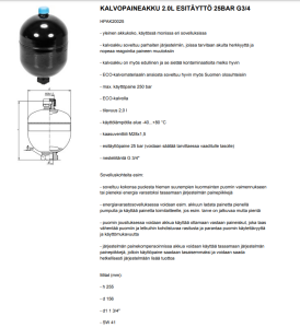KALVOPAINEAKKU 2.0L ESITÄYTTÖ 25BAR G3/4 3