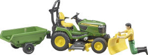John Deere -ajoleikkuri perävaunulla ja puutarhuri 6