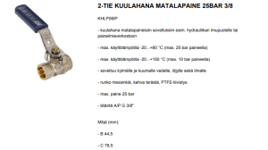 2-TIE KUULAHANA MATALAPAINE 25BAR 3/8 2