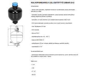 KALVOPAINEAKKU 0.32L ESITÄYTTÖ 25BAR G1/2 3