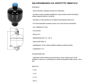 KALVOPAINEAKKU 0.5L ESITÄYTTÖ 15BAR G1/2 3