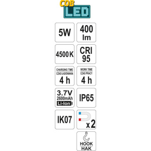 # YATO Colour Match tarkastusvalo 5W 400lm USB Led 9