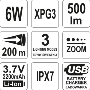 # YATO Käsivalaisin XPG3 6W 500lm USB Cree Led 5