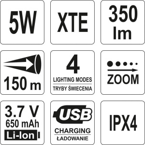 # YATO Käsivalaisin XTE 5W 350lm USB Cree Led 4