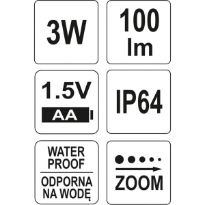 YATO Käsivalaisin Led Zoom IP64 3W 100lm 5