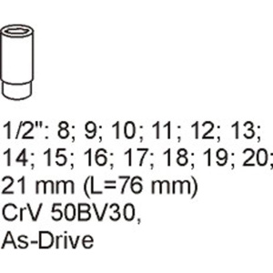 YATO Hylsysarja 1/2" 8-21mm pitkä, 14-os, vaunuun 2