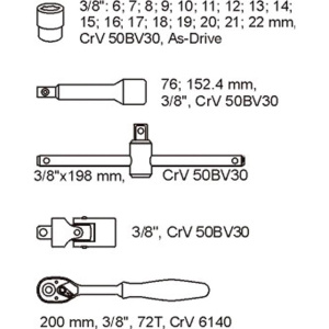 YATO Hylsysarja 3/8" 6-22mm 22-os, työkaluvaunuun 2