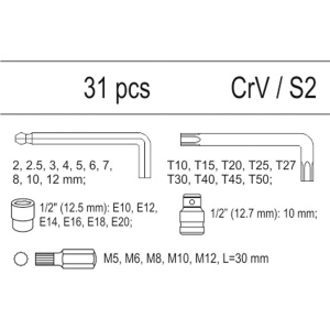 YATO HEX & Torx työkalusarja 31-os, työkaluvaunuun 2