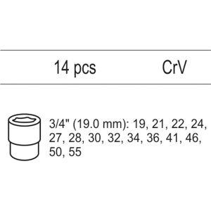 YATO Hylsysarja 3/4" 19-55mm, 14-os, vaunuun 2