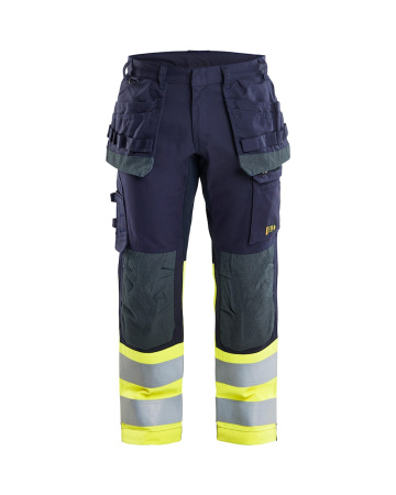 Multinorm riipputaskuhousut stretch Mariininsininen/Huomio keltainen, Blåkläder