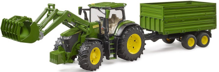 John Deere 7 R 350, jossa etukuormaaja ja perävaun