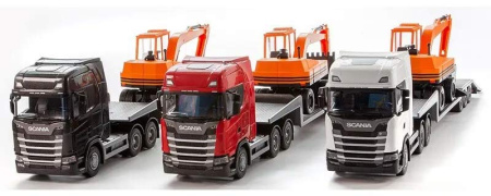 EMEK Scania S + harmaa lavetti ja oranssi kaivinkone