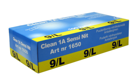 Clean 1A Sensi Nitrile / Ohut nitriili kertakäyttökäsine / Puuteriton / Paksuus 0.07mm /  Pituus 24.5cm. Elintarvike hyväksyntä