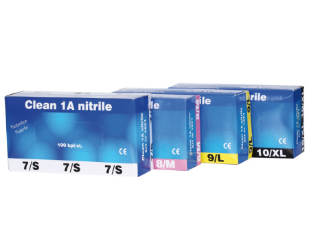 Clean 1A Nitrile / Vahva nitriili kertakäyttökäsine / Puuteriton / Paksuus 0.11mm / Pituus 24.5cm / Elintarvike hyväksyntä