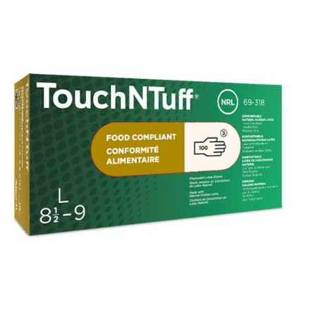 TouchNTuff 69-318 / Vahva lateksi kertakäyttökäsine / Puuteriton / Paksuus 0.12mm / Pituus 24cm / Elintarvike hyväksyntä