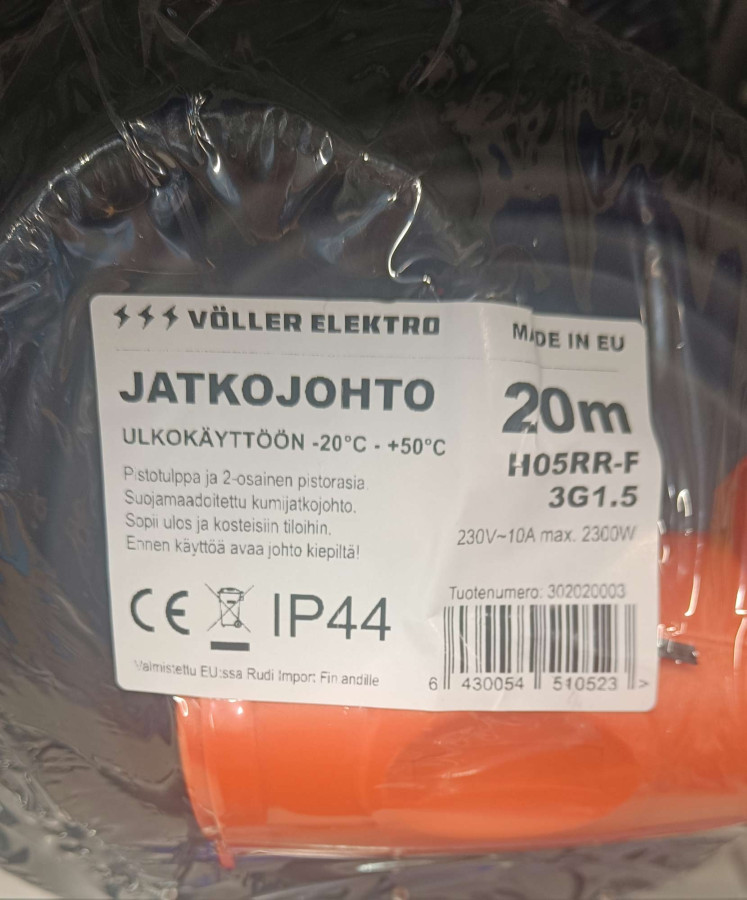 Jatkojohto 20m ulkokäyttöön 2-os H05RR-F 3x1,5 IP44 302020003